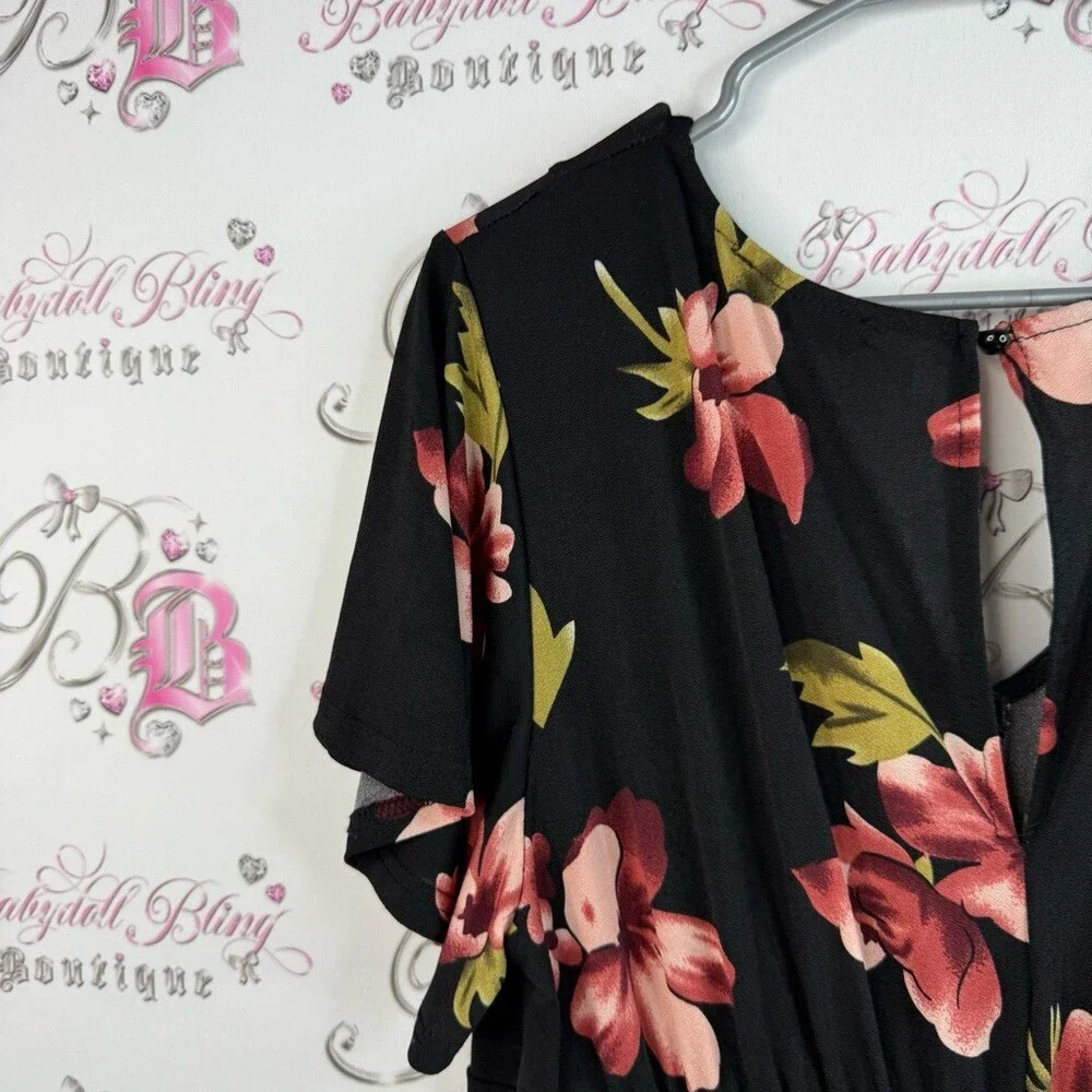 YOINS pants suit jumper romper flowy ruffle sleeve Black Pink Floral Jumpsuit